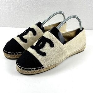 Chanel Espadrilles Womens 41 Cream Black Wool CC Logo Cap Toe Shoes